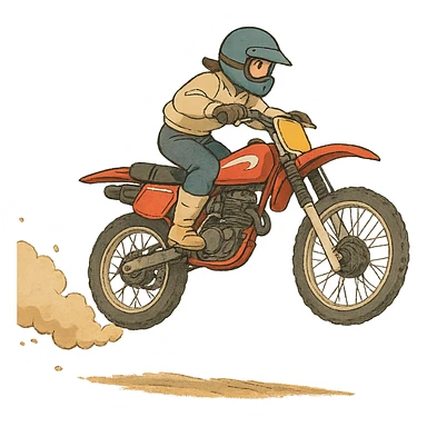 125cc dirtbike, jumping, with dust trail, ghibli style sticker