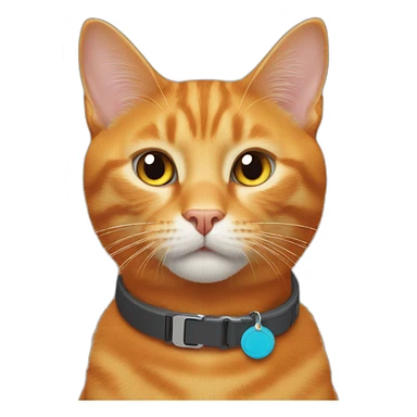 ginger cat with a orange colored neck collar with an airtag sticker