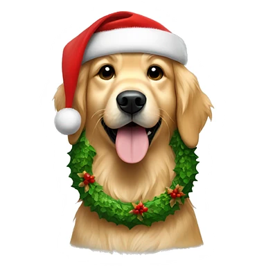 Golden retriever wearing a Christmas wreath around neck and Santa hat sticker