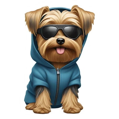 Yorkie wearing a hoodie and ski goggles sticker