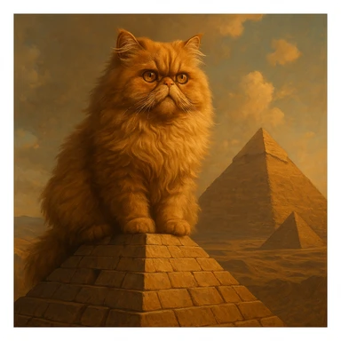 a detailed digital art of a Persian cat on top of an Egyptian pyramid sticker