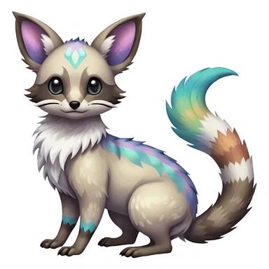 Rare iridescent white exotic epic aesthetic colorful Trico-Eevee-Civet-species-Fakemon-hybrid-creature, with intricate tattoo markings, full body sticker