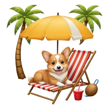 a corgi dog laied on a beach chair, a sunny beach, a sun umbrella, and beach coconut trees. the icon should capture the essence of a relaxing beach vacation with a carefree atmosphere sticker