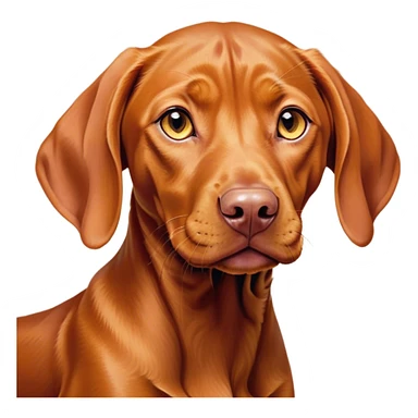 Cinematic Cute Vizsla Portrait Emoji, Head tilted playfully and inquisitively, featuring a sleek rust and gold Fur with a natural sheen, round, sparkling amber eyes filled with curiosity, Simplified yet irresistibly adorable features, highly detailed, glowing with a warm, friendly glow, high shine, affectionate and spirited, stylized with a touch of whimsy, bright and endearing, soft glowing outline, capturing the essence of a mischievous yet loving companion, so playful it feels like it could dash out of the screen and into your arms! sticker