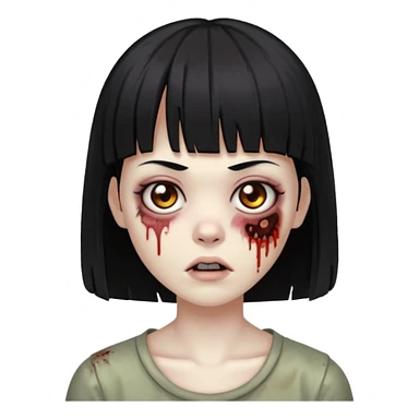 Uma zumbi com os cabelos pretos, mediano, liso e com franja, olhos castanhos sticker