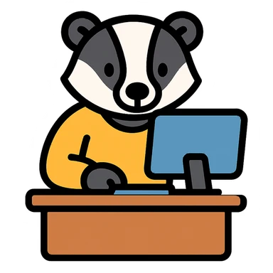 a badger at a desk with a computer, flat icon style sticker