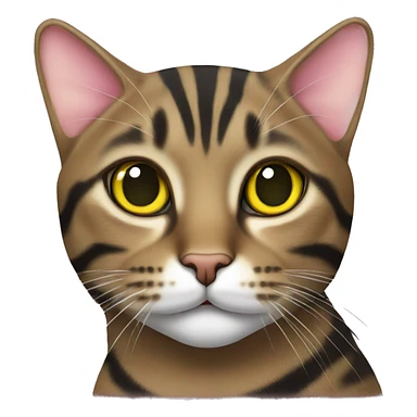 brown tabby cat with black stripes and yellow-green eyes and pink nose sticker
