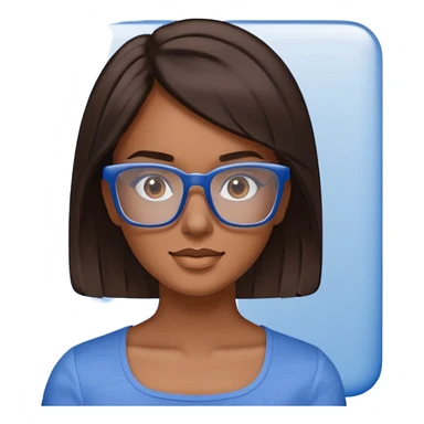 mujer de 30 años, cabello marron oscuro, anteojos cuadrados transparente, top celeste escote cuadrado sticker