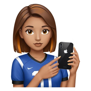 a girl with mixed race skin, brown hair (dark) with caramel highlights, acrylic nails, fake eyelashes, holding a phone. with a football shirt on (cropped) sticker