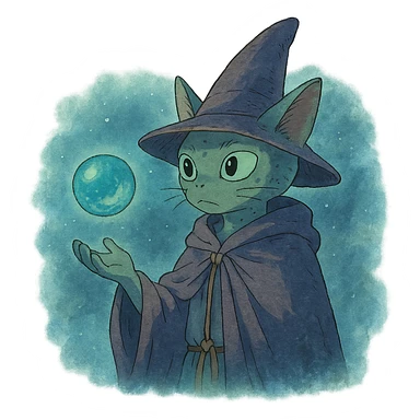alien cat wizard with a floating orb in a mystical atmosphere sticker