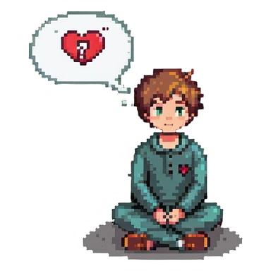 boy sitting, looking thoughtful, with a thought bubble containing a heart and question mark sticker