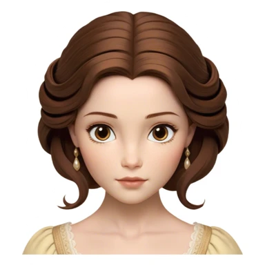 Cinematic Realistic Belle Portrait, depicted with lifelike skin texture, soft natural lighting, and intricately detailed brown hair styled elegantly. Her deep, expressive eyes exude warmth and intelligence, complemented by a serene and graceful expression. She is dressed in her classic attire, with rich fabric textures and delicate folds that catch the light beautifully. The portrait features a soft, enchanting glow with a natural, radiant finish, capturing the essence of timeless beauty in a realistic and painterly style, evoking a sense of depth and authenticity. sticker