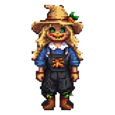 cute blonde scarecrow with straw hat pixel art sticker