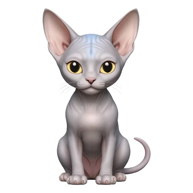 A 3D cartoon silver-gray Sphynx cat with smooth skin, gentle expression, elegant pastel lighting, cinematic Memoji rendering. full body or half body. sticker