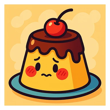 shy pudding with blushing cheeks, cherry on top, creamy soft background, vibrant toon style sticker