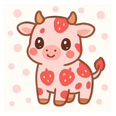 cute strawberry cow, kawaii style, pink and red, cartoonish, big eyes, with strawberry spots sticker