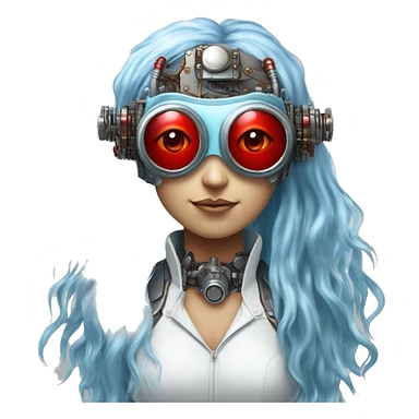 Light blue long hair female cyborg head with red steampunk goggles and circuits sticker