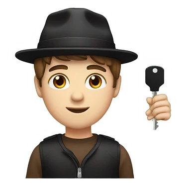 white boy, with a brown hair, brown eyes and with a black hat holding a car key sticker