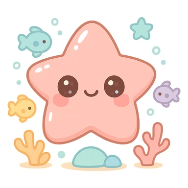 extremely cute underwater cartoon starfish, big round head, huge sparkling eyes, small smiling mouth, pink shiny skin, rosy cheeks, soft pastel colors, plastic toy-like texture, chibi style, surrounded by colorful fish and coral, gentle lighting, 3D-rendered, high detail, kawaii aesthetic sticker