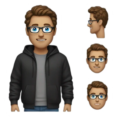 man with blue eyes, brown hair, black hoodie, silver glases sticker
