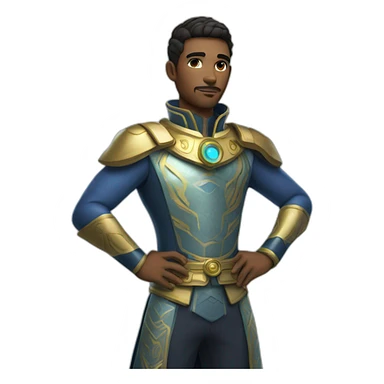 Male character with futuristic attire, wearing a combination of traditional royal clothing and modern tech-inspired accessories. sticker