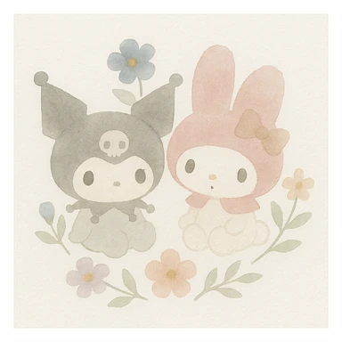 Kuromi and My Melody together, surrounded by flowers sticker