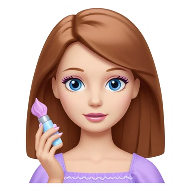 Barbie girl Chestnut Shoulder-length hair and blue eyes is In pale purple applying cream on face sticker