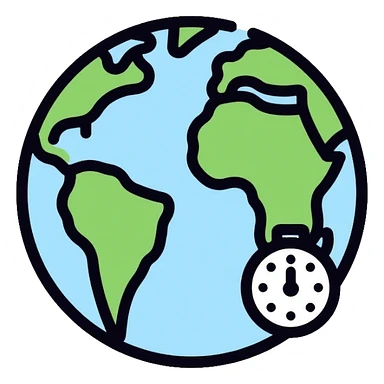 Earth globe with a small clock in the bottom corner, timezone icon sticker