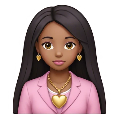 Black girl with STRAIGHT LONG HAIR DOWNhair down with baby edges and formal clothes that are pink for her interview and a gold heart necklace  sticker