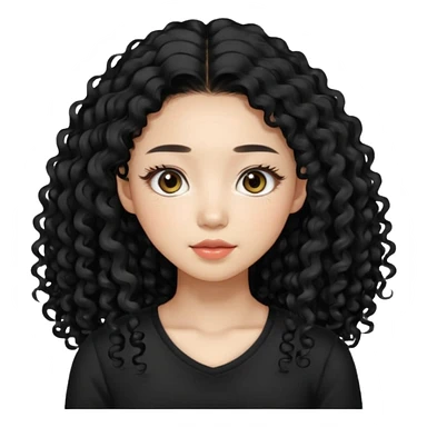 Korean woman with black cute long curly hair  with a black top with long lashes sticker