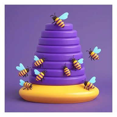 a purple beehive with five purple honeybees buzzing around, glossy and expressive, no text sticker