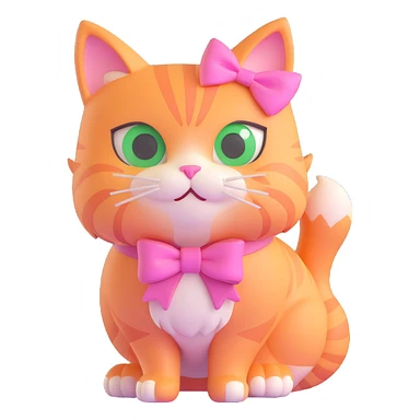 3D iOS style cat with a pink bow, green eyes, and light orange fur sticker