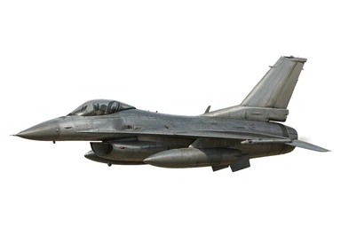 realistic F-16 jet fighter, side view, metallic finish, flying, no background sticker