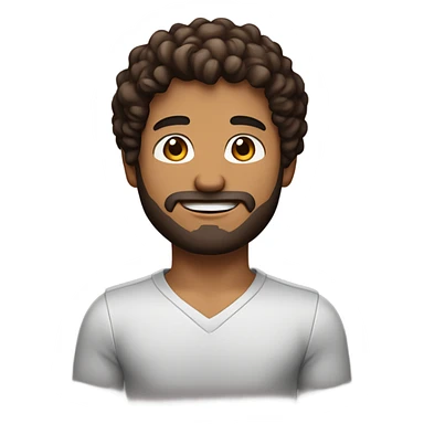 men holding his computer in hands. light brown skin men with curly dark brown hair, brown eyes, little grown beard. ust a tiny bit muscular. dressed casual. round face. sticker