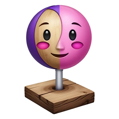 A half pink half purple ball with a face wooden stem followed by a glass stem on top of the wood stem tilted 90 degrees sticker