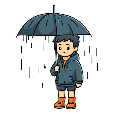 Boy standing alone in the pouring rain, looking sad sticker