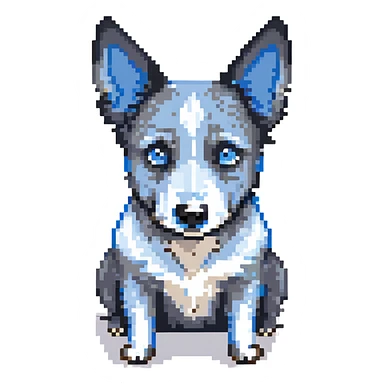 pixel art black grey and white blue heeler dog standing with alert ears simple background sticker