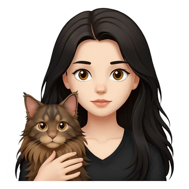 a  girl with black long hair with a brown Maine coon with black shirt sticker