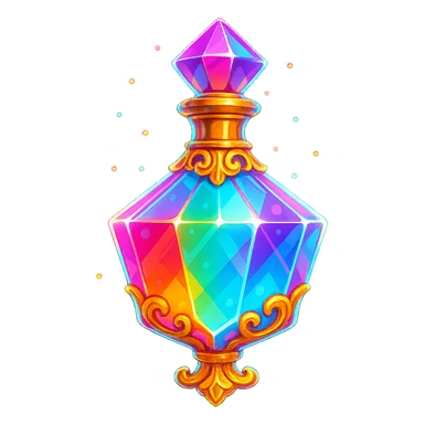 crystal luxurious elixir bottle in colorful chewing gum style, bright colors, lots of glow, edges, ornaments, golden details, magical effects, very small golden neck, transparent background, beautiful connected bottom, clearly floating in air, no base or shadow, very luxurious, playful, matching the collection sticker