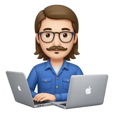 A DEVELOPER WITH A laptop, USING inFORMAL CLOTHES, long hair, mustache sticker