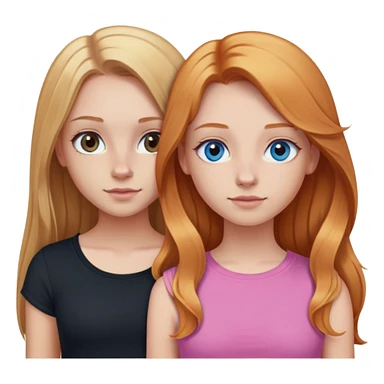 Two girls together. Girl 1: blonde long straight hair, hazel eyes, pink crop top.  girl 2:  long wavy ginger hair, blue eyes, nose ring, black shirt sticker
