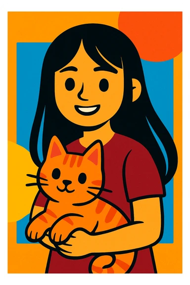 girl with straight long black hair, maroon shirt, carrying a cat, vibrant toon style sticker