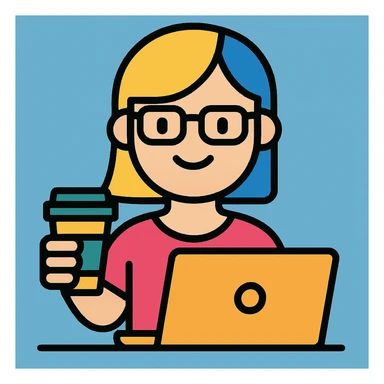 A girl with blonde hair and blue hair wearing glasses holds a laptop and a glass of coffee with a background sticker