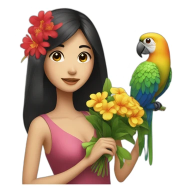 Asian girl with dark hair with a bouquet and parrot  sticker