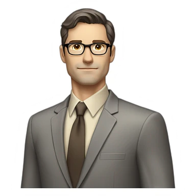 Full height Pale skinned Fit Man With dark brown hair in classic gray suit, beige office shirt, dark gray tie, and vintage glasses. His hands lock sticker