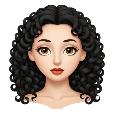 persona mujer con piel clara y rizos suaves color negro y largos  y sin volumen y con delineador en los ojos y con los labios medianos, ojos almendrados y nariz respringada sticker