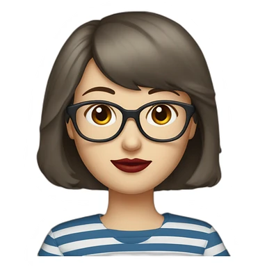 caucasian woman with retro glasses, dark brown hair, a bob haircut, bangs, red lipstick, blue and white striped t shirt sticker