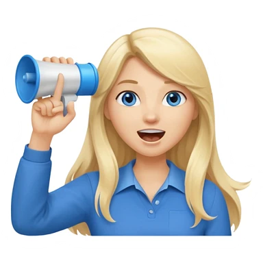  blue eyes blonde girl yelling into megaphone smiling long hair holding up finger sticker