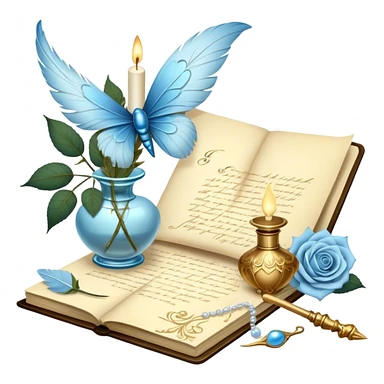 A dreamy, romantic scene of a candle-lit desk with an open love letter, a feather quill dipped in golden ink, an ornate perfume bottle, and a bouquet of pale blue roses resting beside a pearl-adorned butterfly.
 sticker