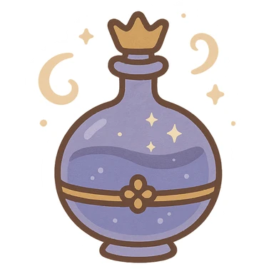 modernus minimalistinis prabangus eliksyro buteliukas, maža karūnėlės forma, spalva #7986cb, subtilūs sidabriniai ornamentai, švelnūs magiški efektai, labai mažas kaklelis, skaidrus fonas, vientisas dugnas, be šešėlio, plūduriuoja ore, kolekcijos stilius sticker